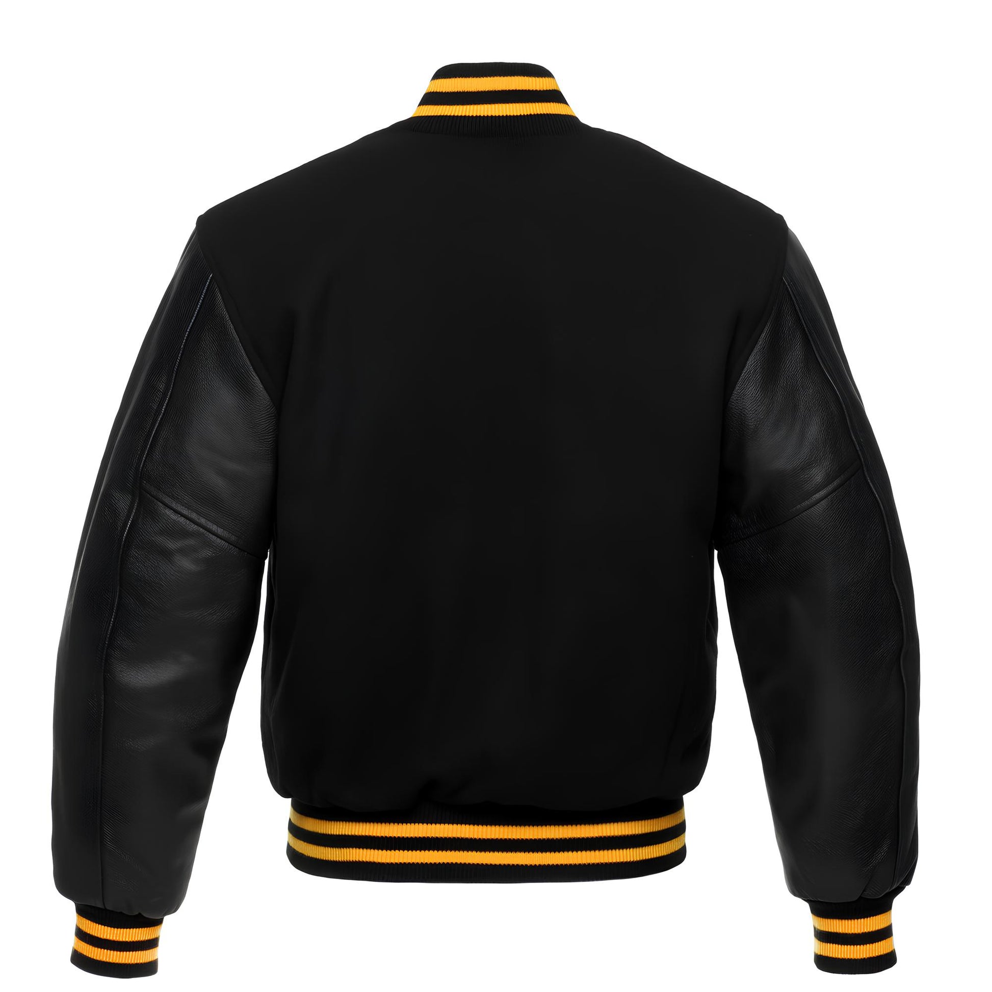 Black leather jacket with yellow accents on a white background